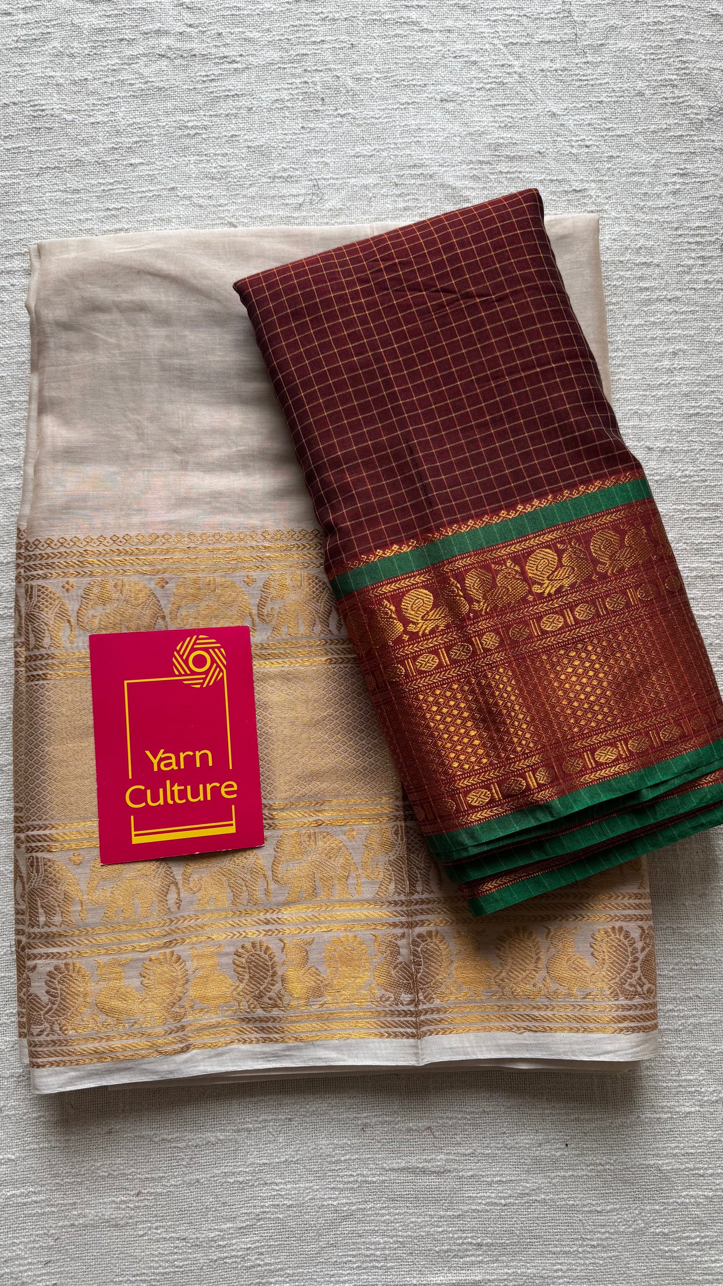 Maroon checks - Ivory gold (dhavani), unstitched material, soft cotton - YCAHSN17