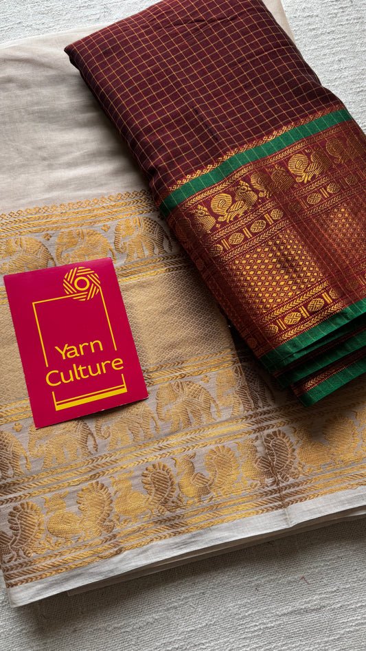 Maroon checks - Ivory gold (dhavani), unstitched material, soft cotton - YCAHSN17