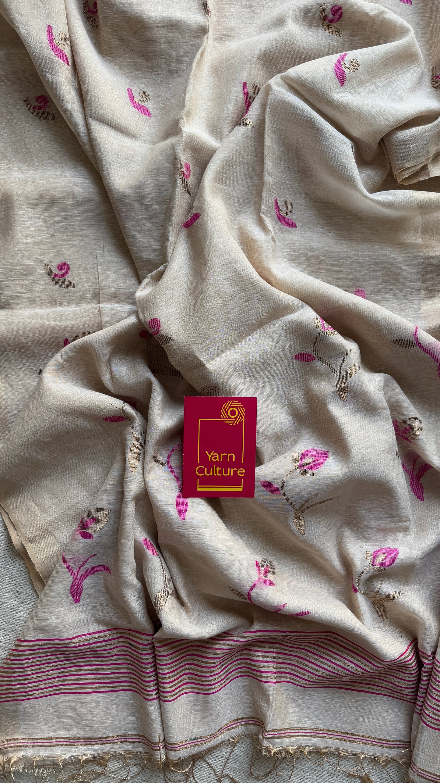 Rosebuds in Ivory - Pure Linen, Handwoven