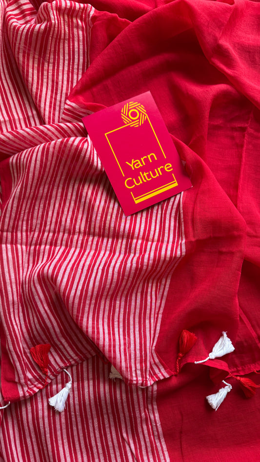 Red with white striped borders, mul cotton YCBCMCM04