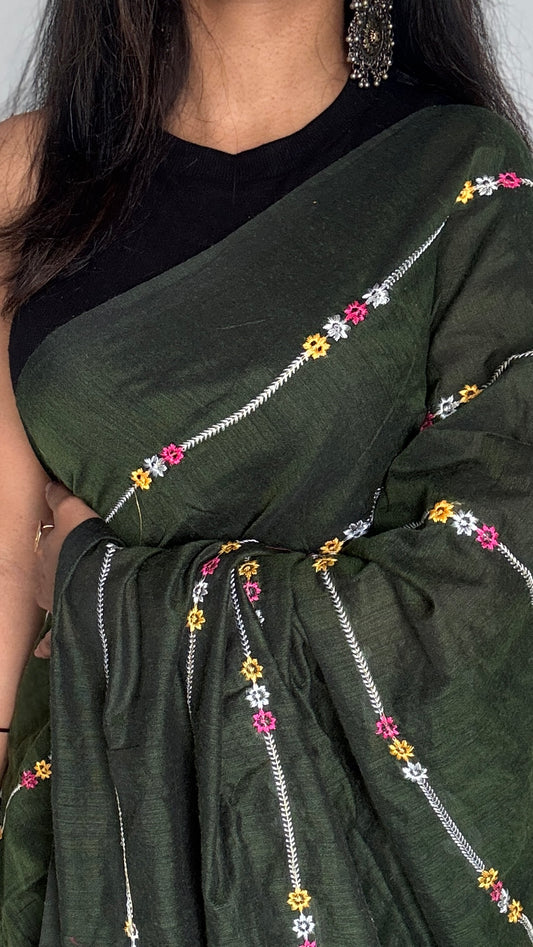 Dark Green floral embroidery - Khadi Soft Cotton YCBCKFS03