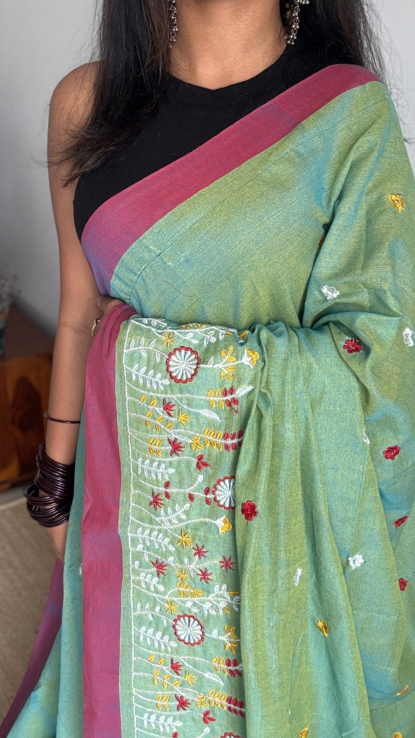 Green with wine floral embroidery - Khadi Soft Cotton YCBCKFB02