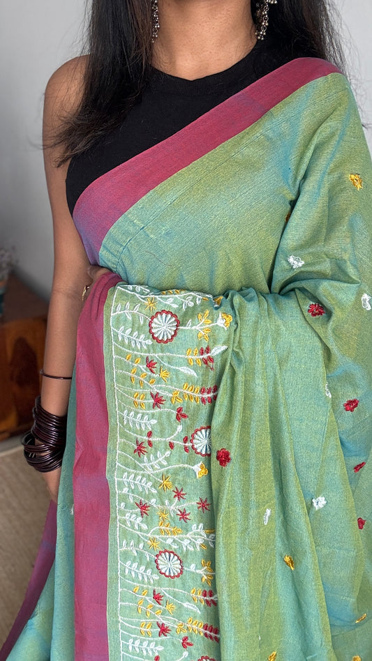 Green with wine floral embroidery - Khadi Soft Cotton YCBCKFB02