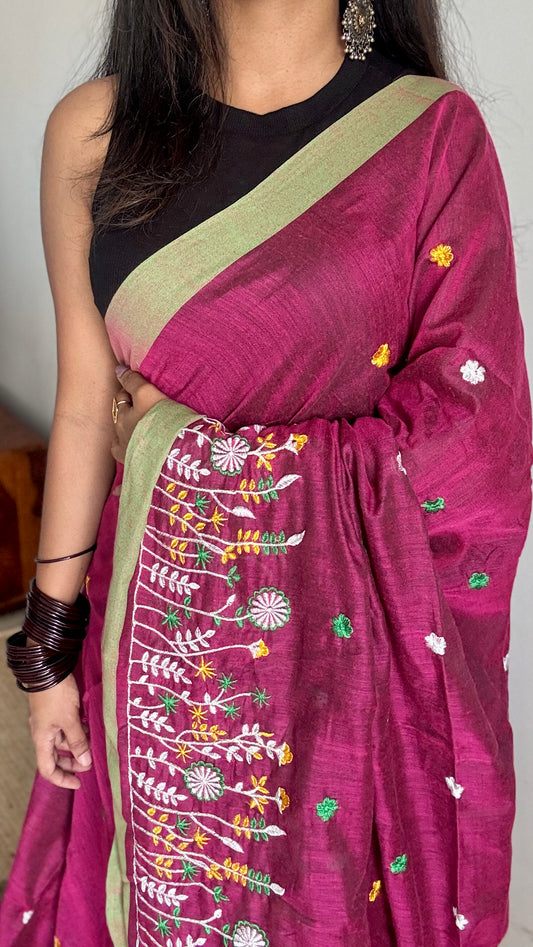 Grape with green floral embroidery - Khadi Soft Cotton