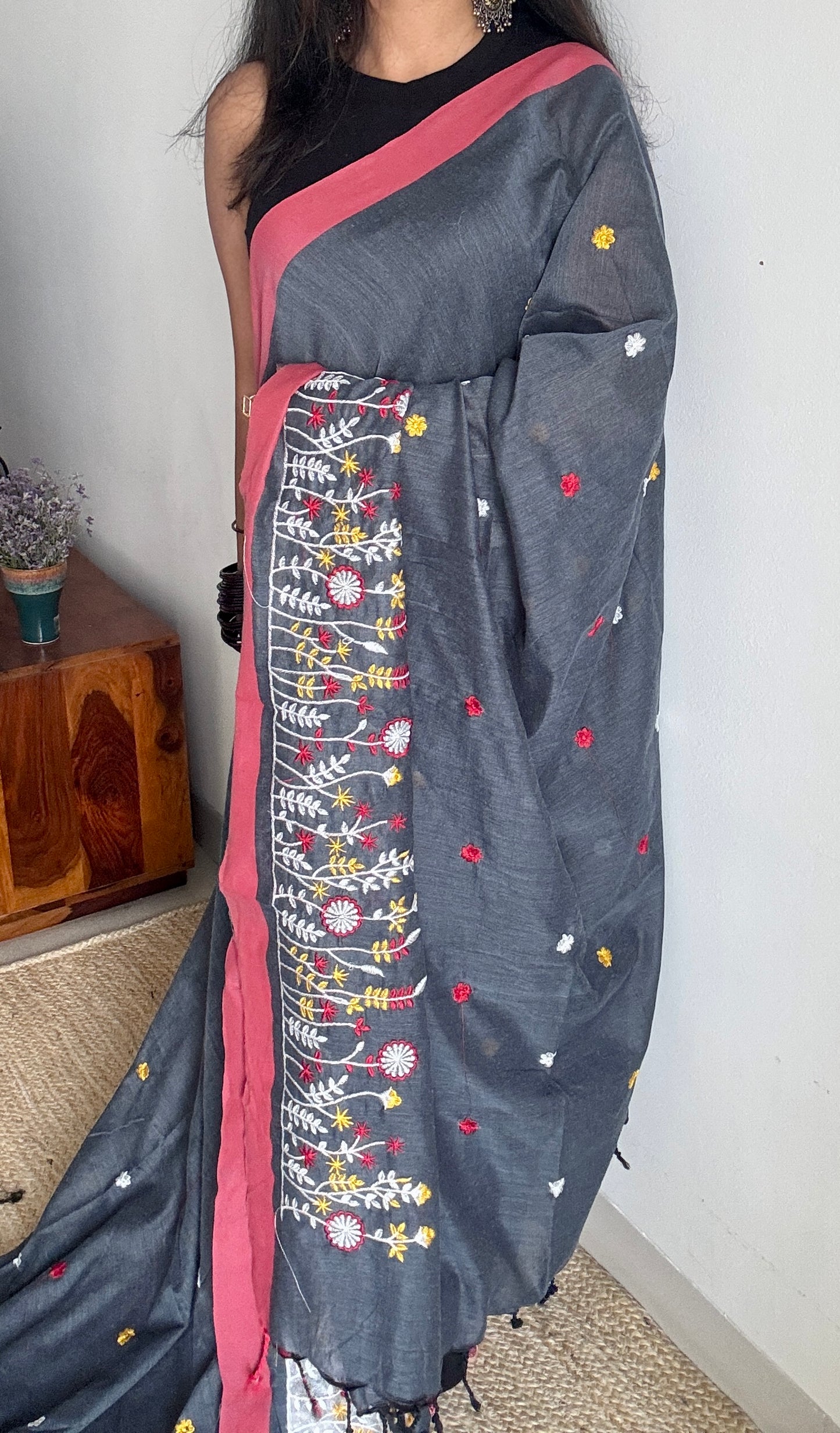 Dark grey floral embroidery - Khadi Soft Cotton YCBCKFB03