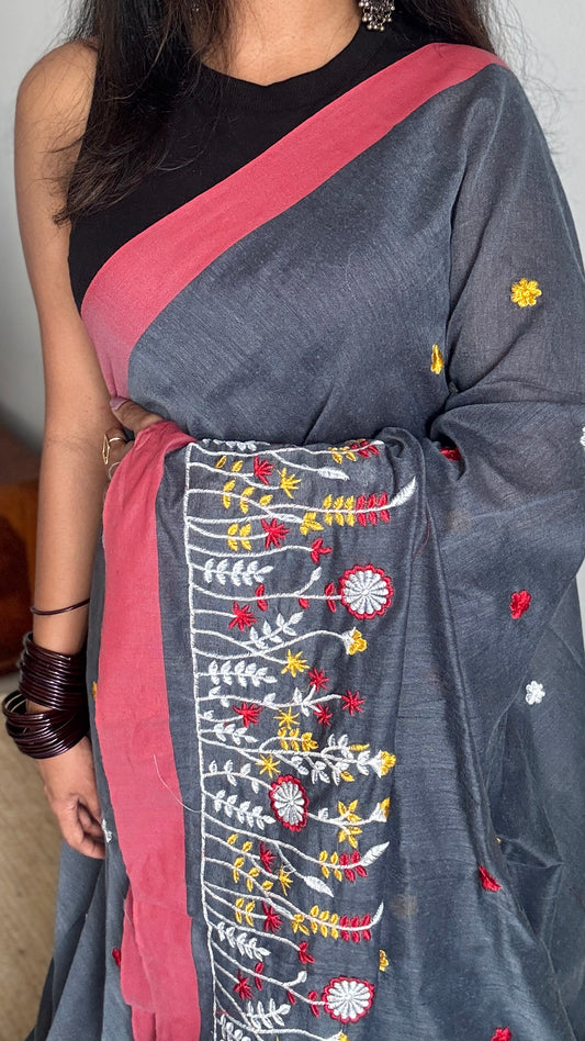 Dark grey floral embroidery - Khadi Soft Cotton YCBCKFB03