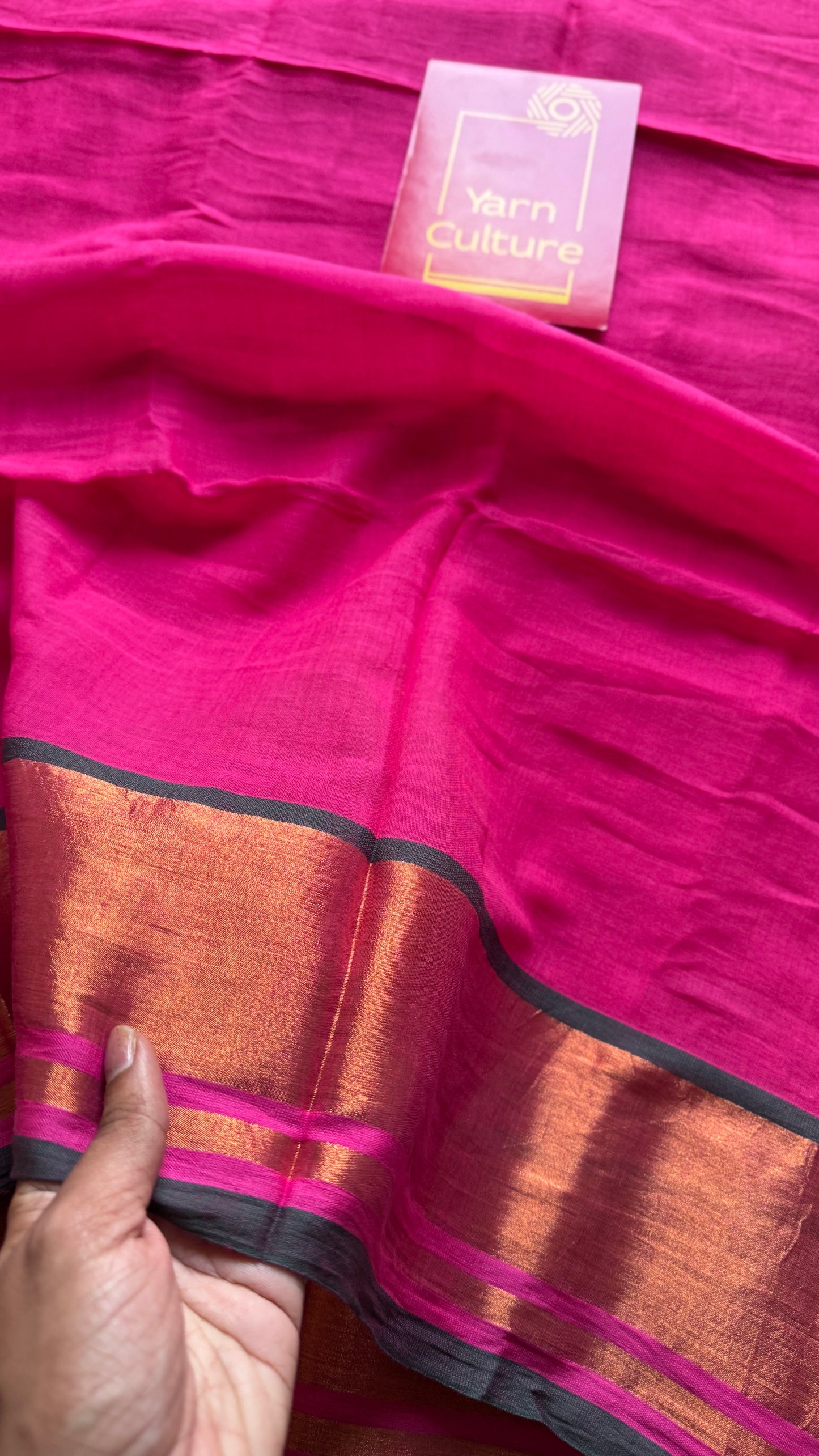 Dark pink with antique gold zari border, mul cotton YCBCMCM06