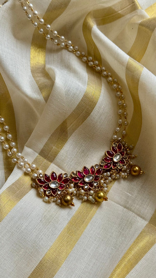 Dark pink lotus pendants in pearl beaded chain - YCAGC09