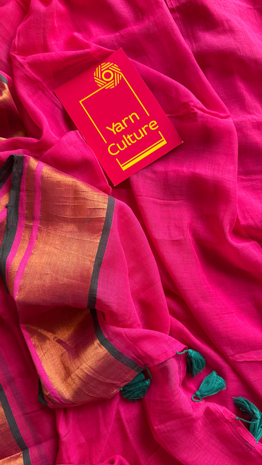 Dark pink with antique gold zari border, mul cotton YCBCMCM06