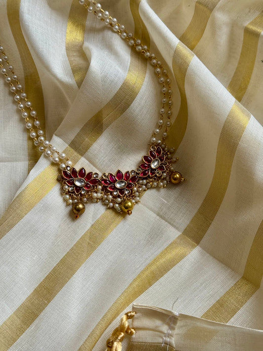 Dark pink lotus pendants in pearl beaded chain - YCAGC09