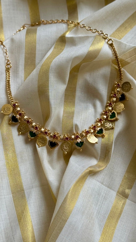 Coin and green palakka necklace in gold finish - YCAGC10