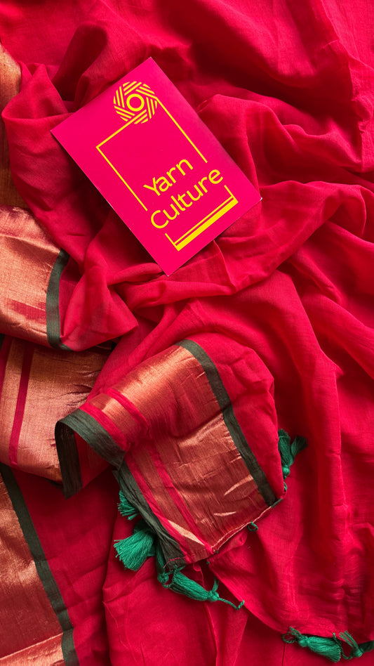 Red with antique gold zari border, mul cotton YCBCMCM07