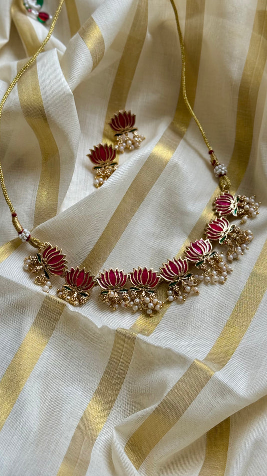 Pink lotus pendants with pearl drops, neckpiece - YCAGC150