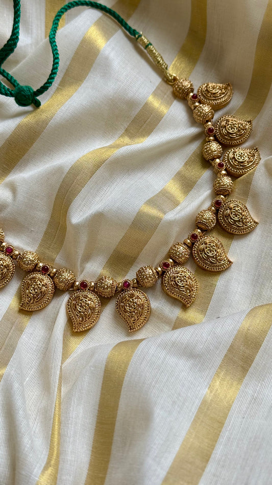 Mango shaped pendants with red stones in antique gold, necklace - YCAGC20