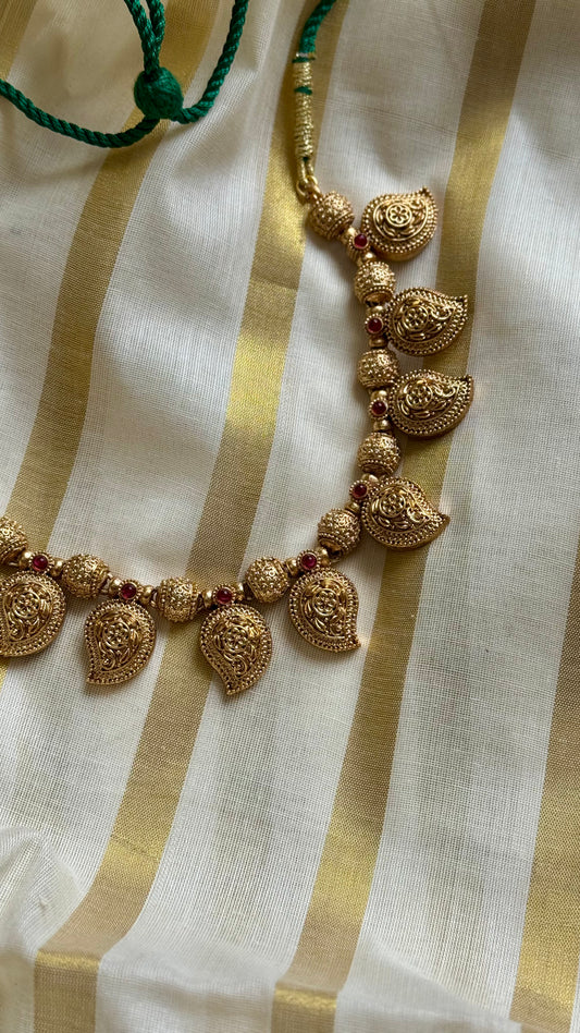 Mango shaped pendants with red stones in antique gold, necklace - YCAGC20