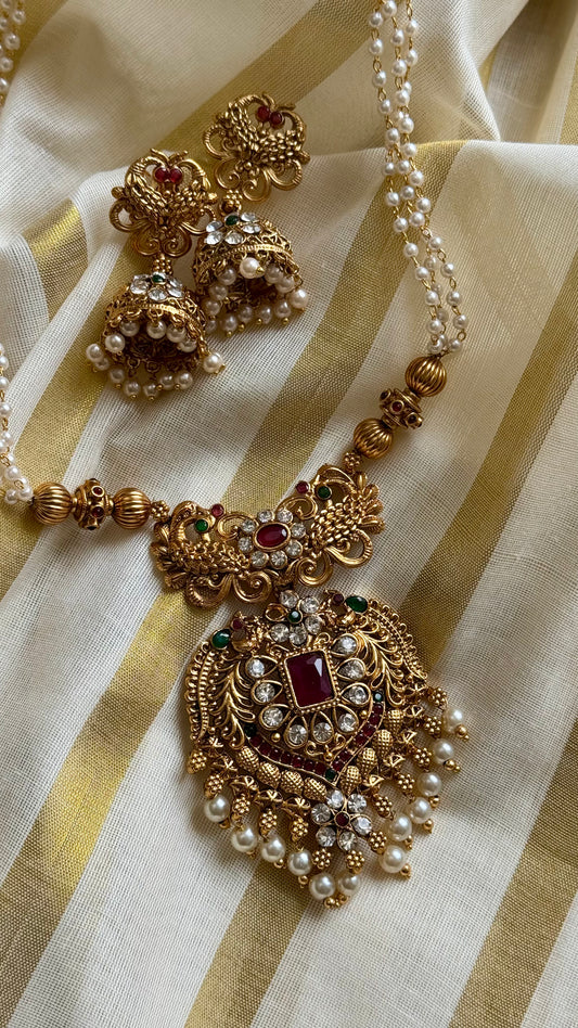 Red green stone big pendant, pearl beaded long neckpiece - YCAGC21