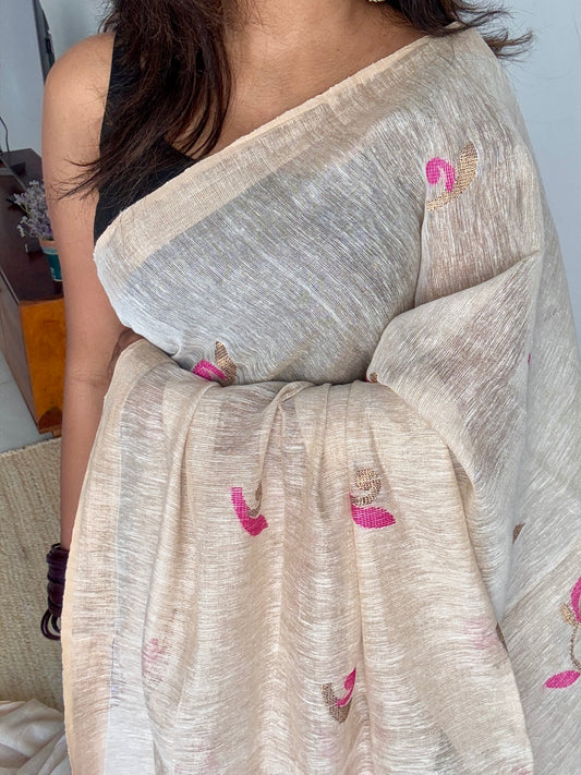 Rosebuds in Ivory - Pure Linen, Handwoven