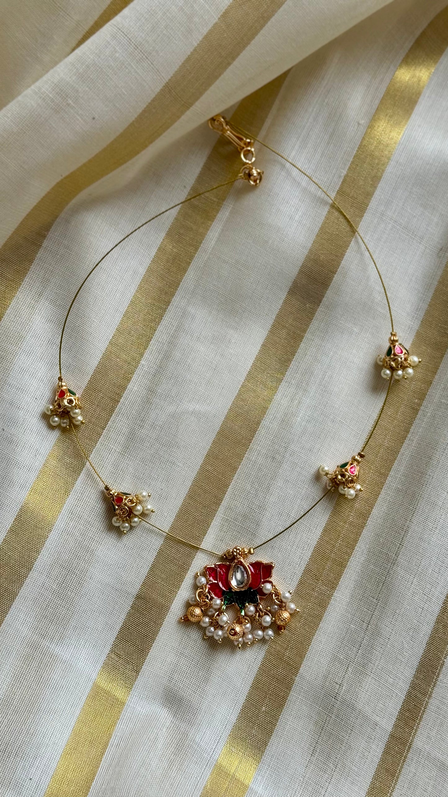 Pink lotus, jadau kundan necklace in invisible chain - YCAGC59