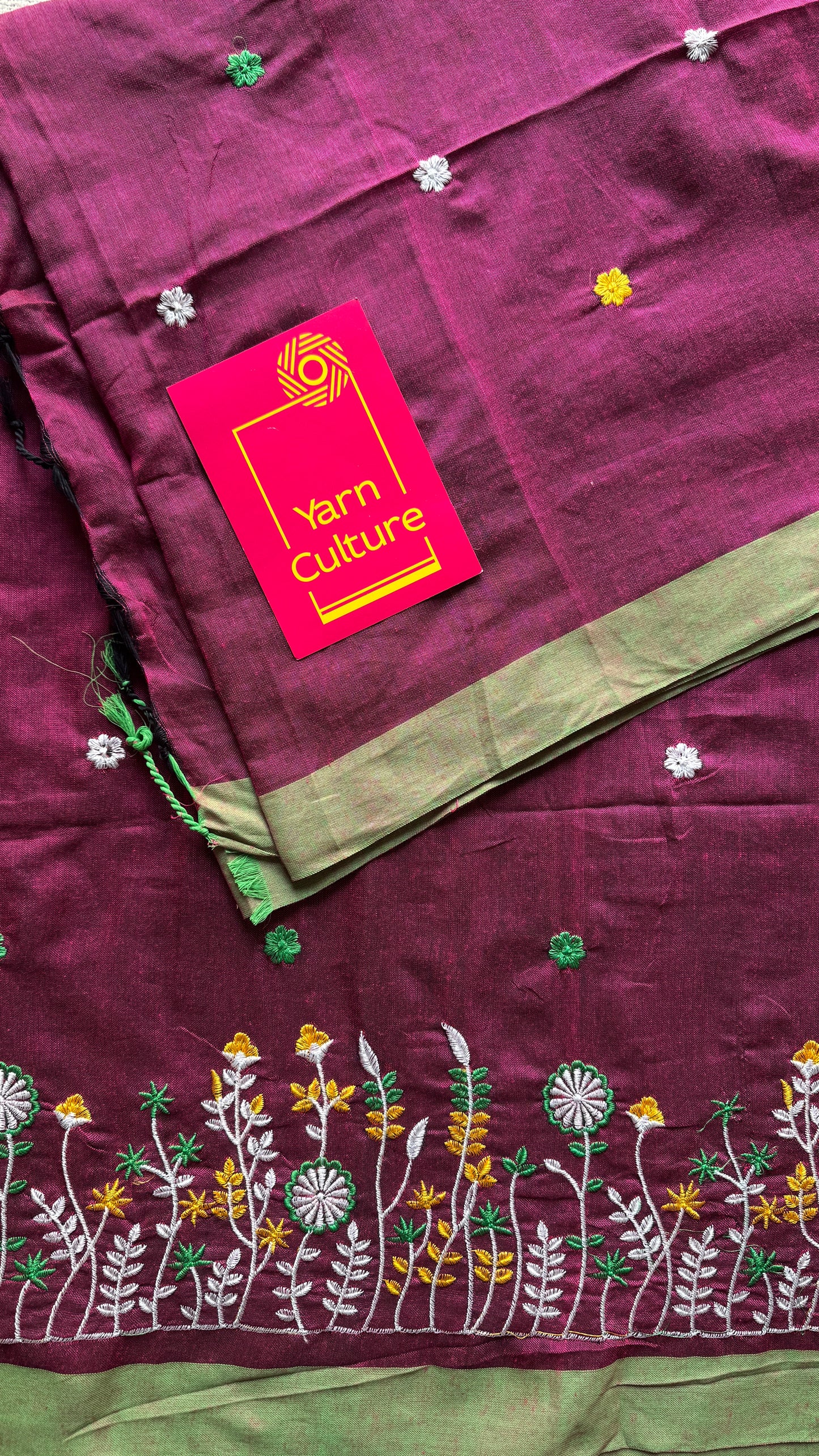 Grape with green floral embroidery - Khadi Soft Cotton