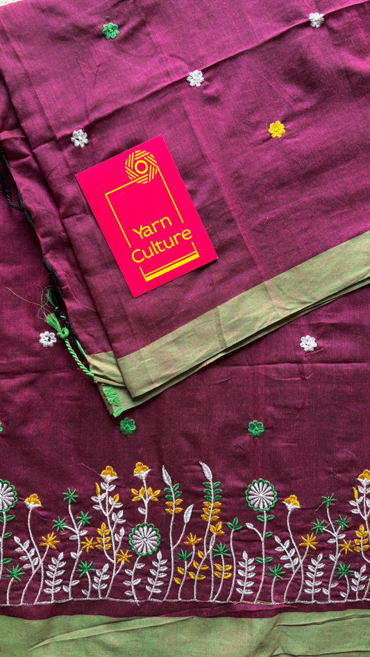 Grape with green floral embroidery - Khadi Soft Cotton