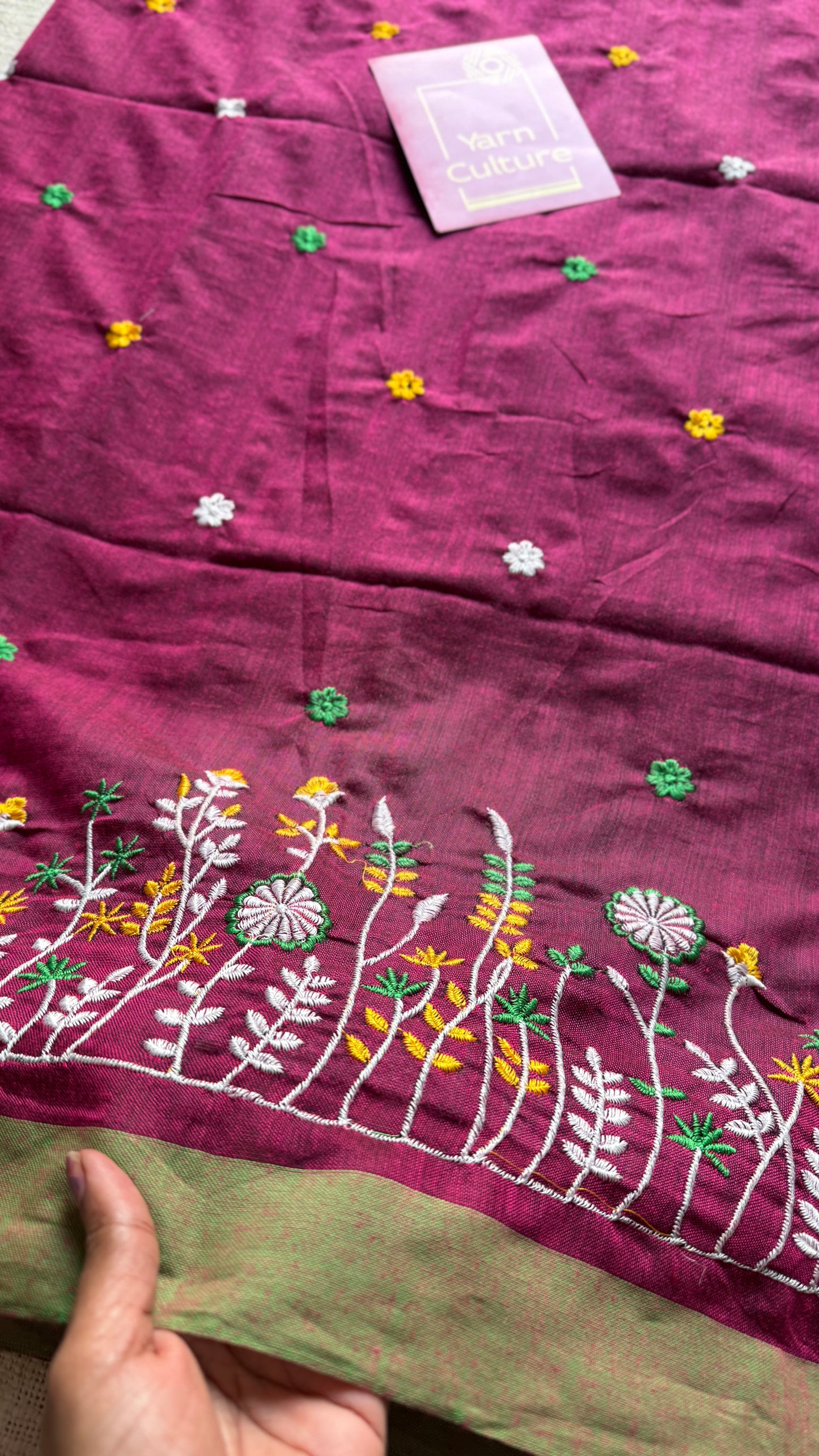Grape with green floral embroidery - Khadi Soft Cotton