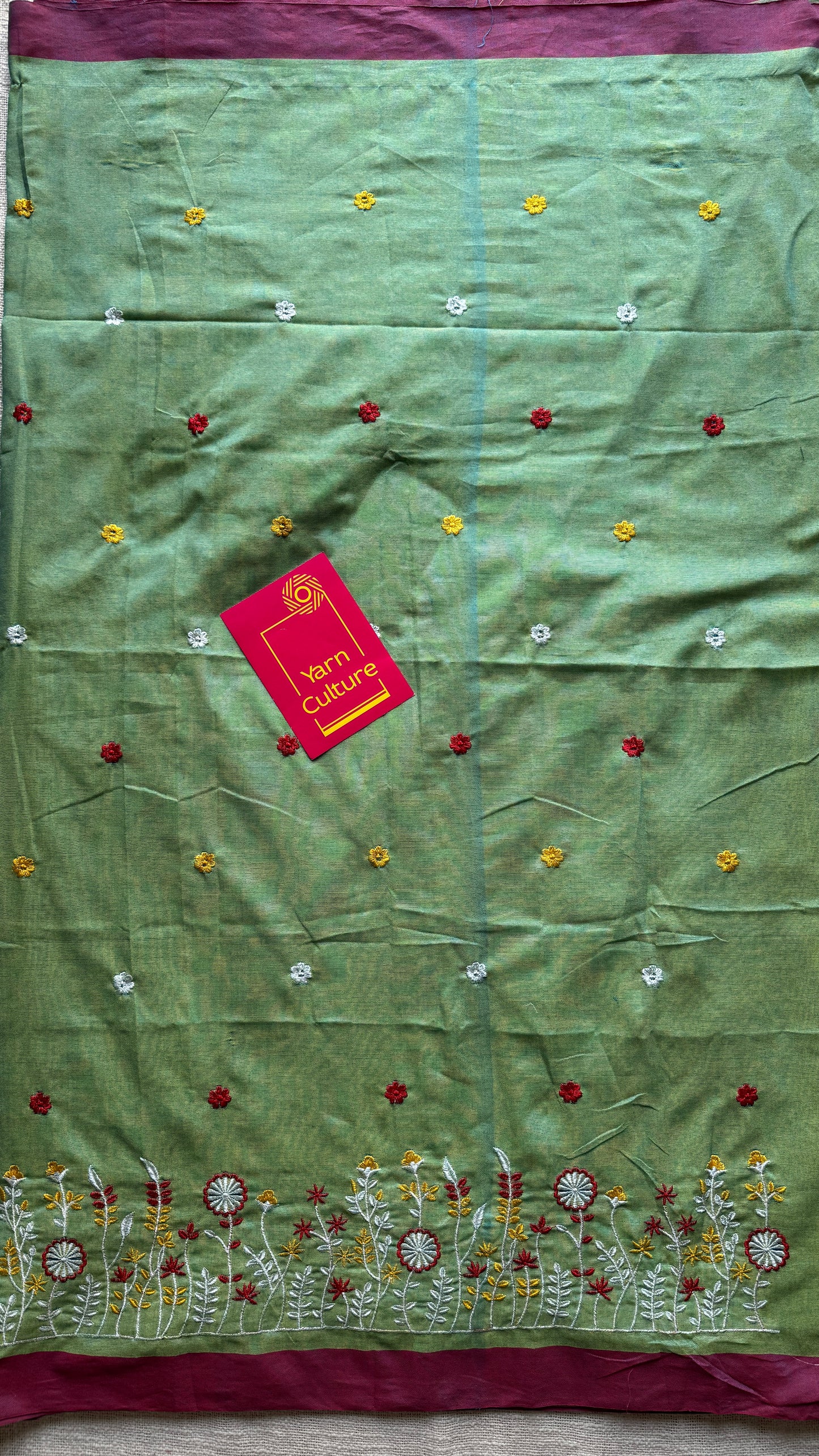 Green with wine floral embroidery - Khadi Soft Cotton YCBCKFB02