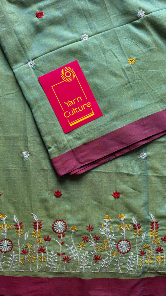 Green with wine floral embroidery - Khadi Soft Cotton YCBCKFB02