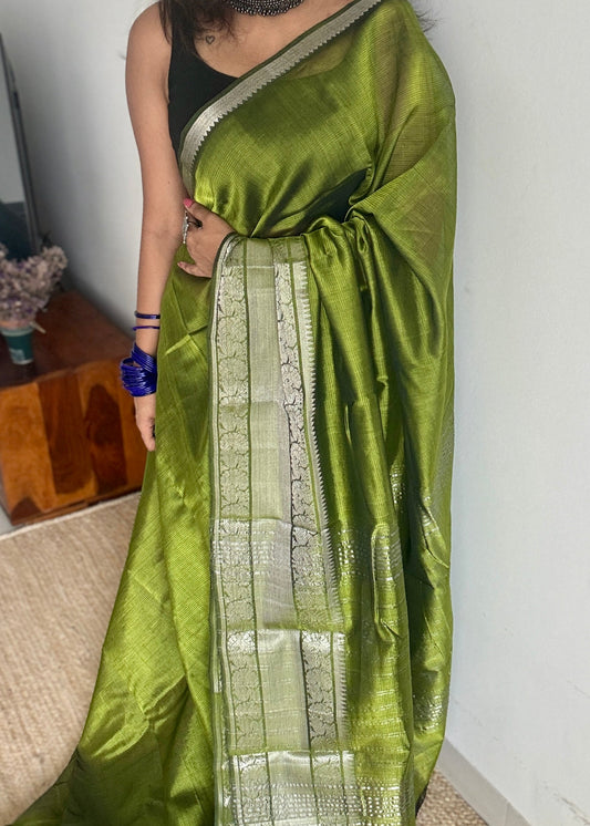 Olive green with silver peacock woven zari border, mangalgiri silk cotton, handwoven, soft, light weight- YCWOTDMSCM04