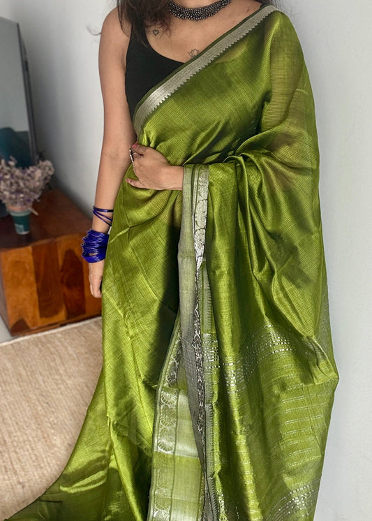 Olive green with silver peacock woven zari border, mangalgiri silk cotton, handwoven, soft, light weight- YCWOTDMSCM04