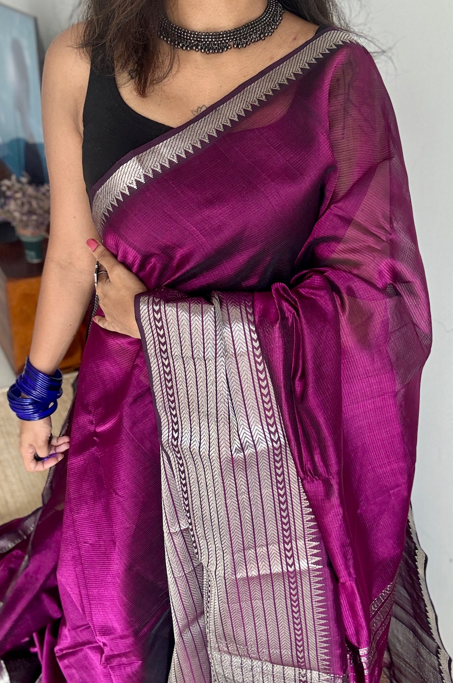 Purple pink (vadamalli) with silver woven zari border, mangalgiri silk cotton, handwoven, soft, light weight- YCWOTDMSCM07