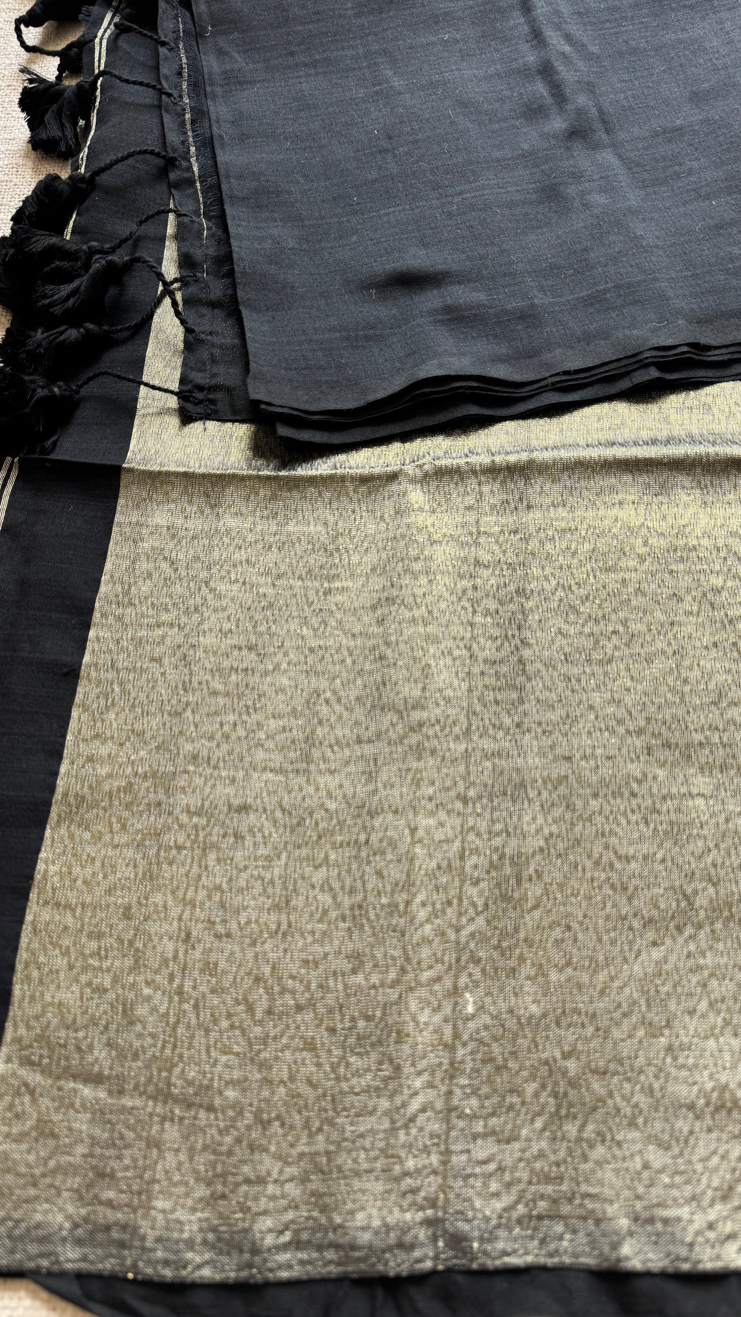 Black Whisper - Black with silver gold dual tone pallu, soft khadi cotton