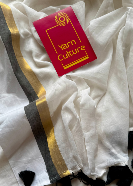 White with black and gold striped border, mul cotton - YCON25BCM40