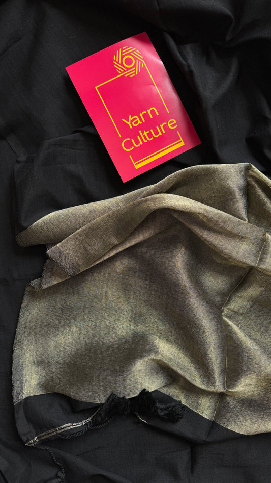 Black Whisper - Black with silver gold dual tone pallu, soft khadi cotton