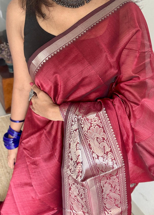 Maroon with silver peacock and floral woven zari border, mangalgiri silk cotton, handwoven, soft, light weight- YCWOTDMSCM03