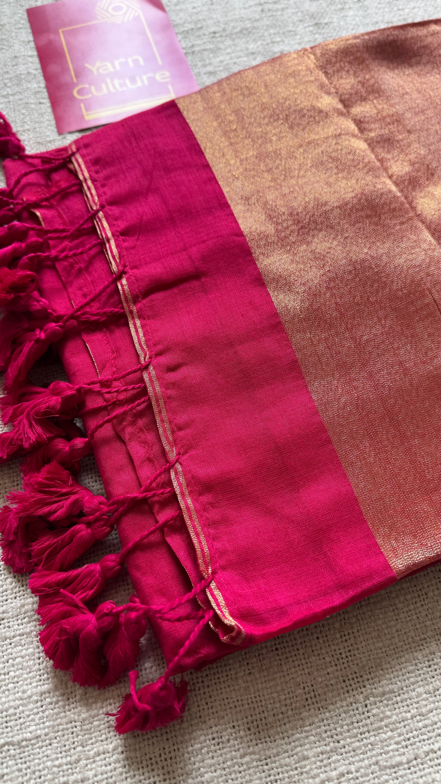 Hot Pink Splash - Deep warm pink with silver gold dual tone pallu, soft khadi cotton