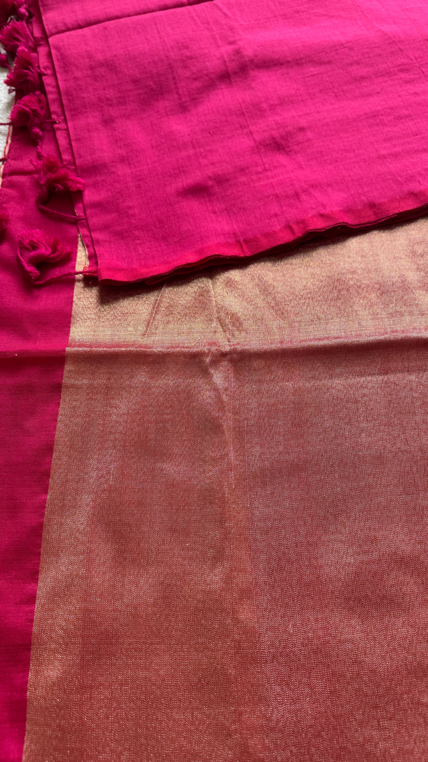 Hot Pink Splash - Deep warm pink with silver gold dual tone pallu, soft khadi cotton