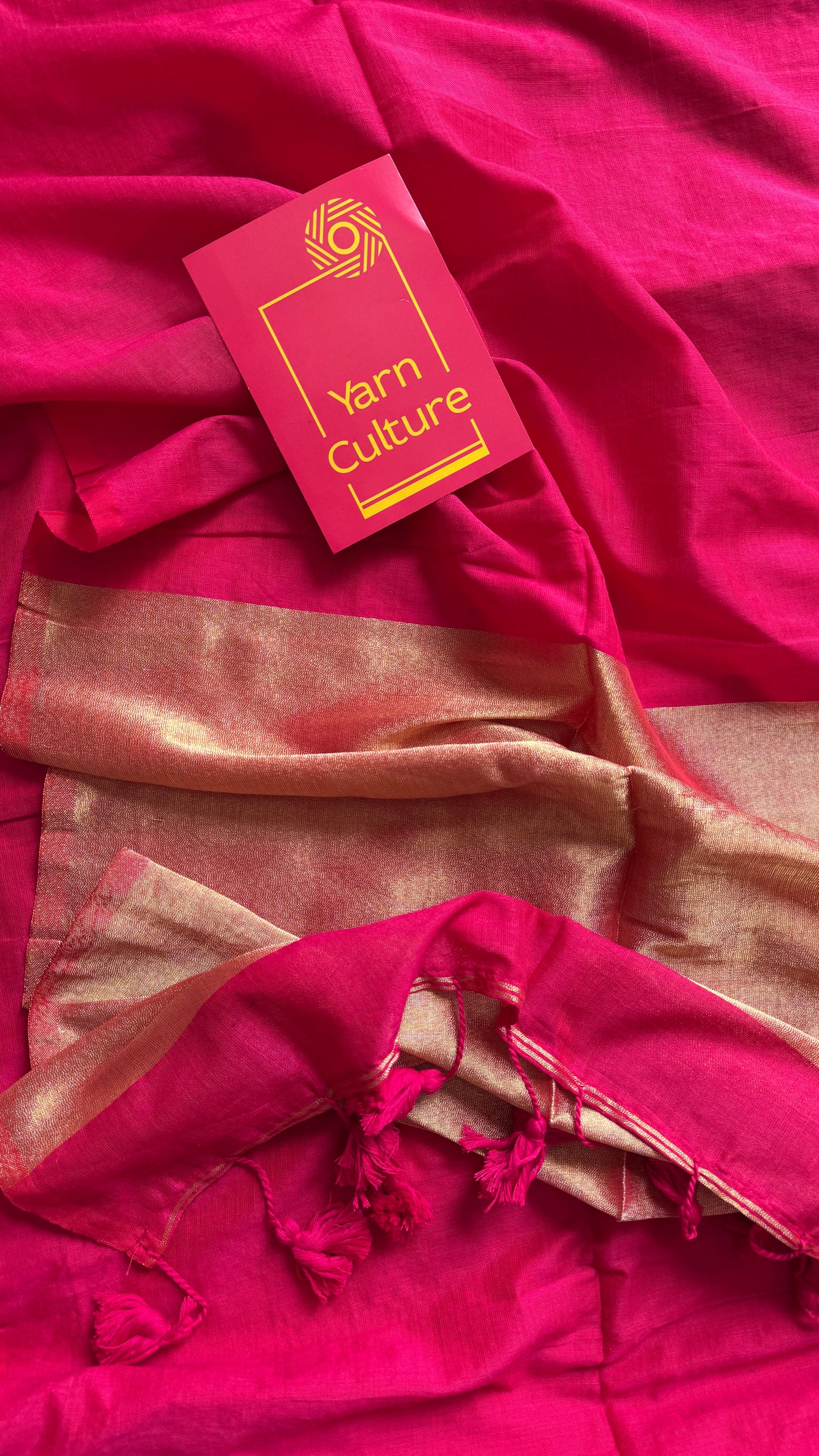 Hot Pink Splash - Deep warm pink with silver gold dual tone pallu, soft khadi cotton