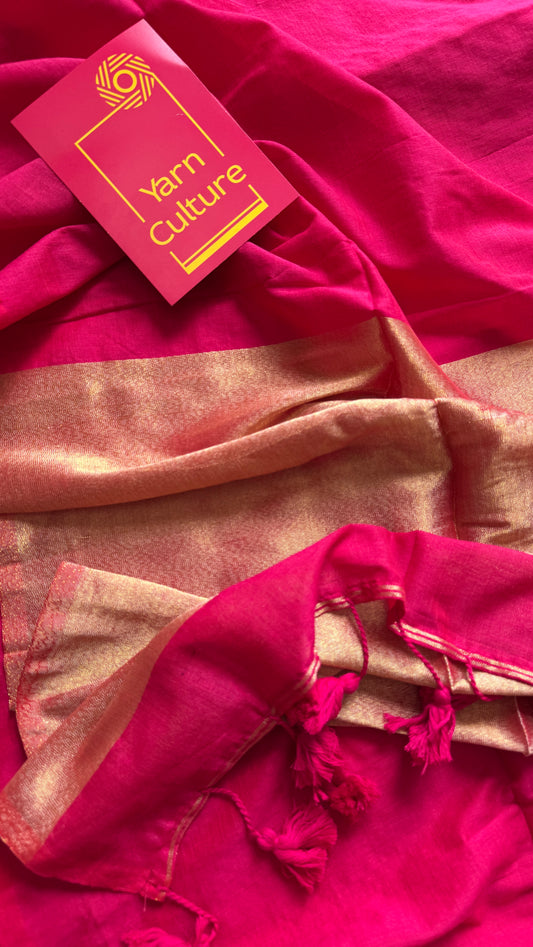 Hot Pink Splash - Deep warm pink with silver gold dual tone pallu, soft khadi cotton