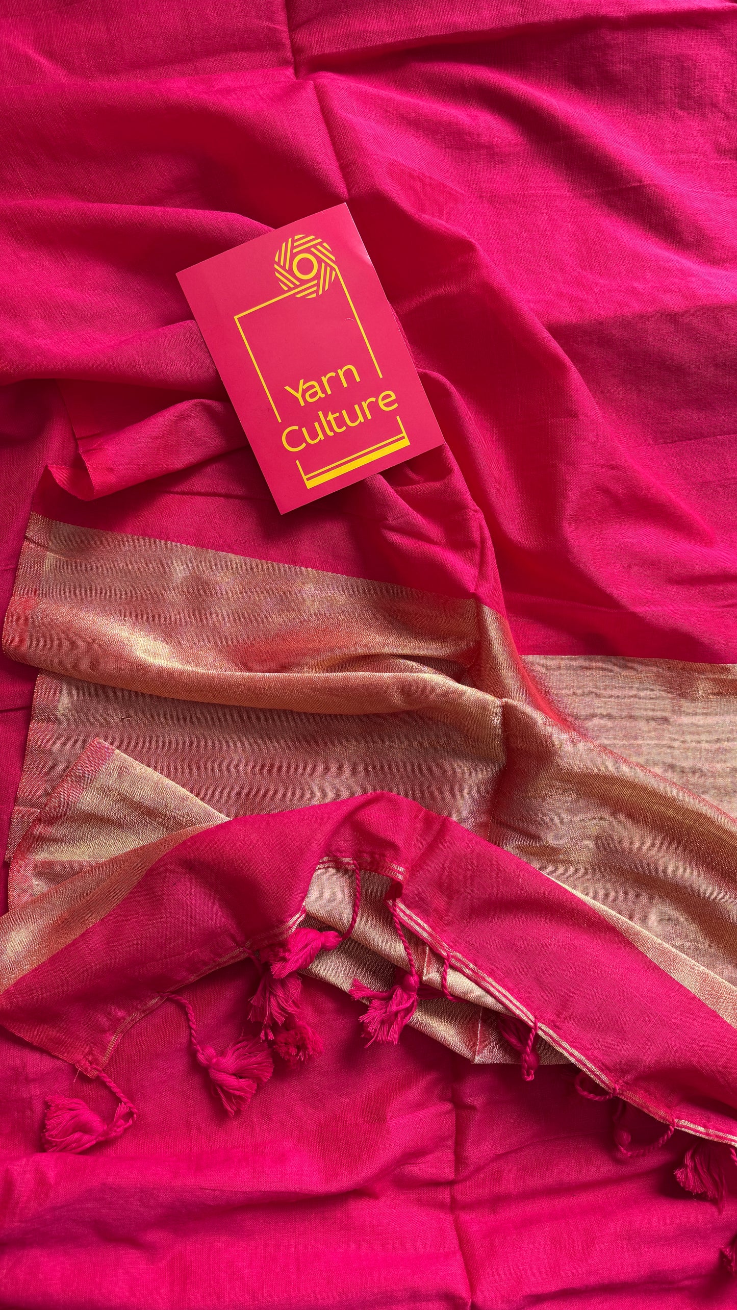 Hot Pink Splash - Deep warm pink with silver gold dual tone pallu, soft khadi cotton