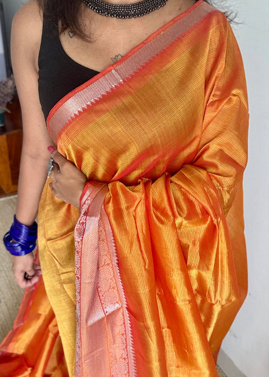 Light orange with silver peacock woven zari border, mangalgiri silk cotton, handwoven, soft, light weight- YCWOTDMSCM05