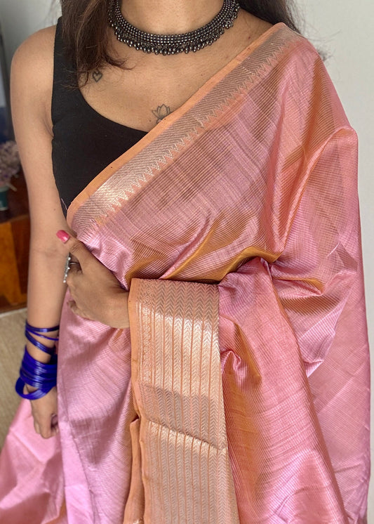 Peach pink with silver woven zari border, mangalgiri silk cotton, handwoven, soft, light weight- YCWOTDMSCM06
