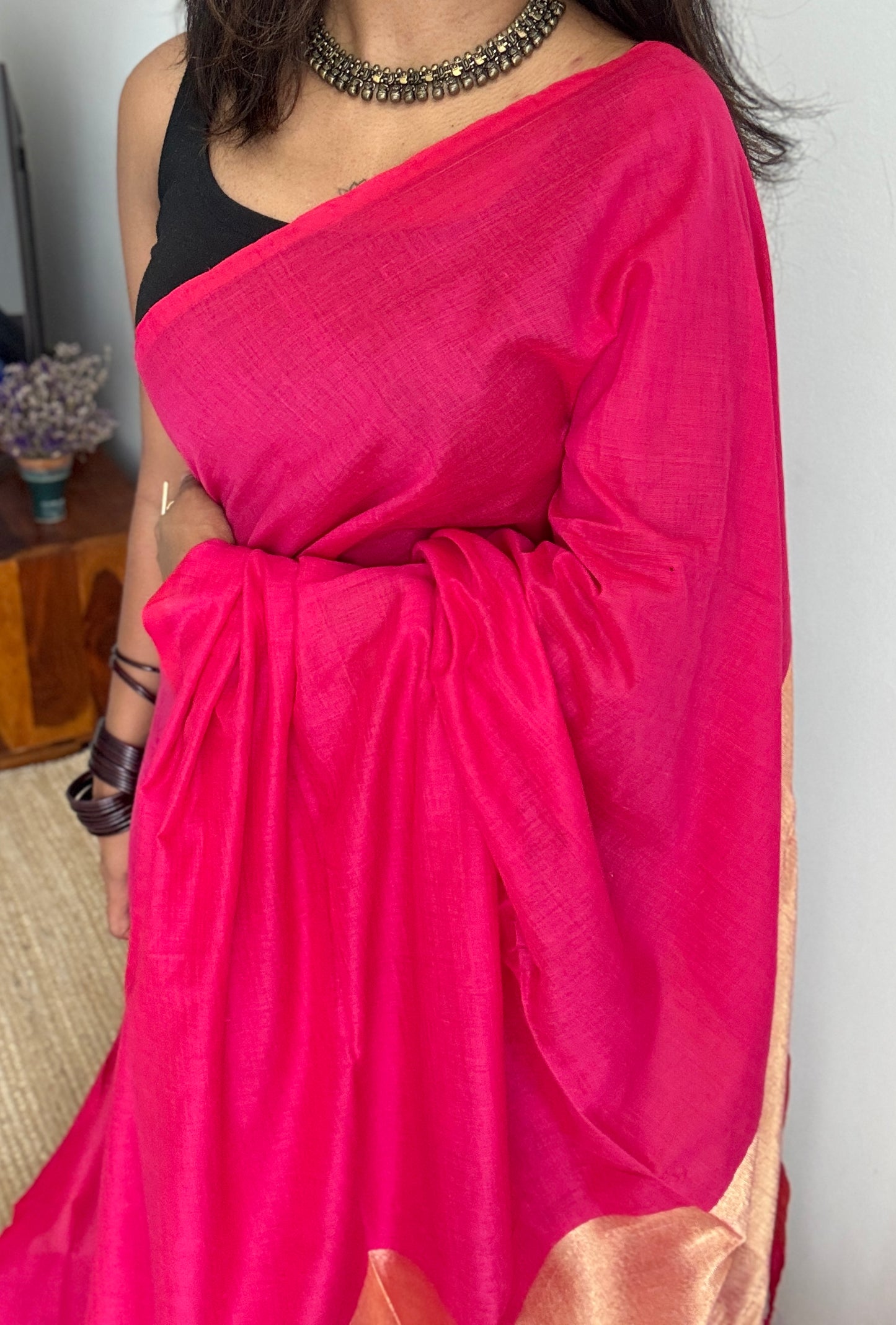 Hot Pink Splash - Deep warm pink with silver gold dual tone pallu, soft khadi cotton