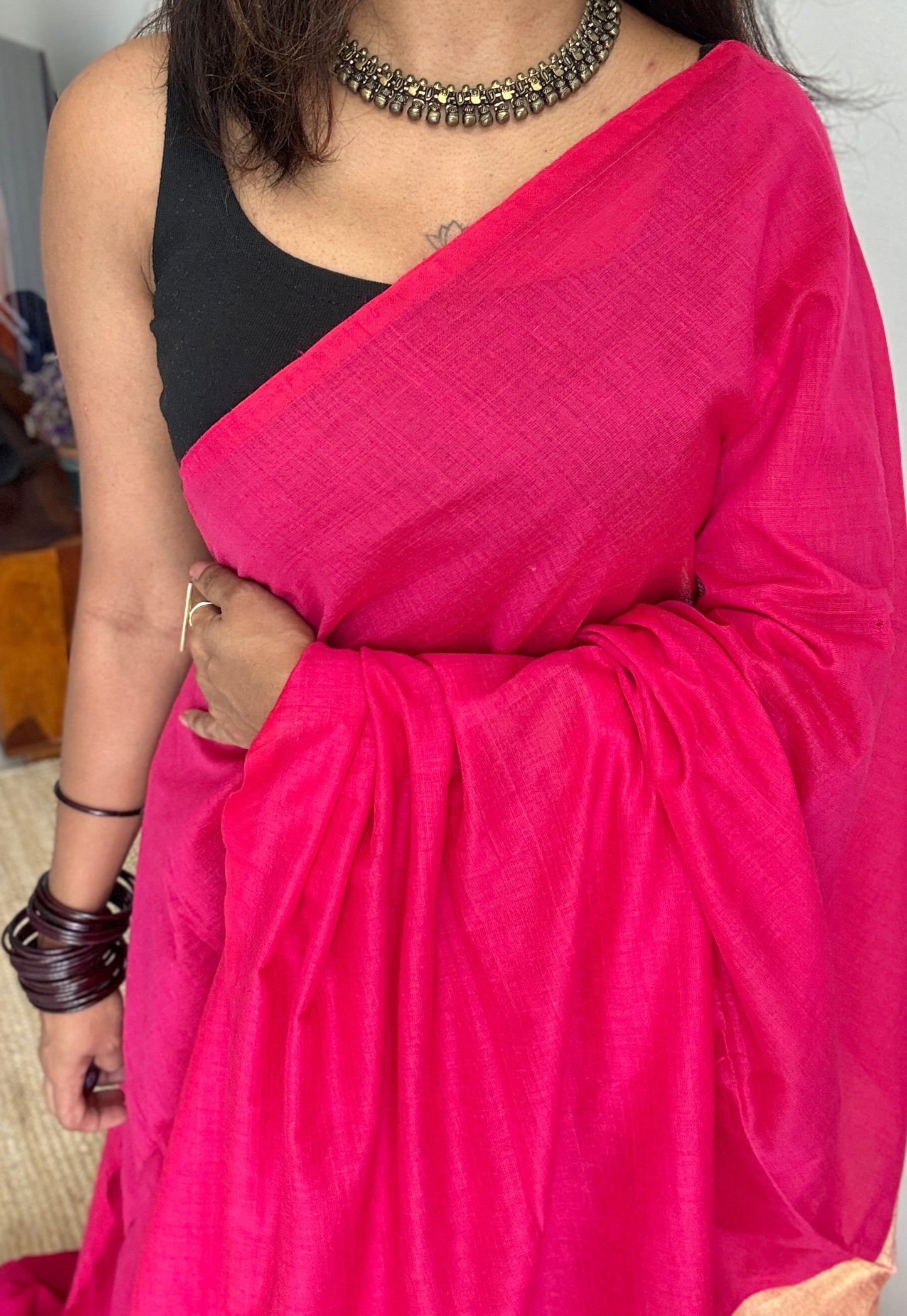 Hot Pink Splash - Deep warm pink with silver gold dual tone pallu, soft khadi cotton