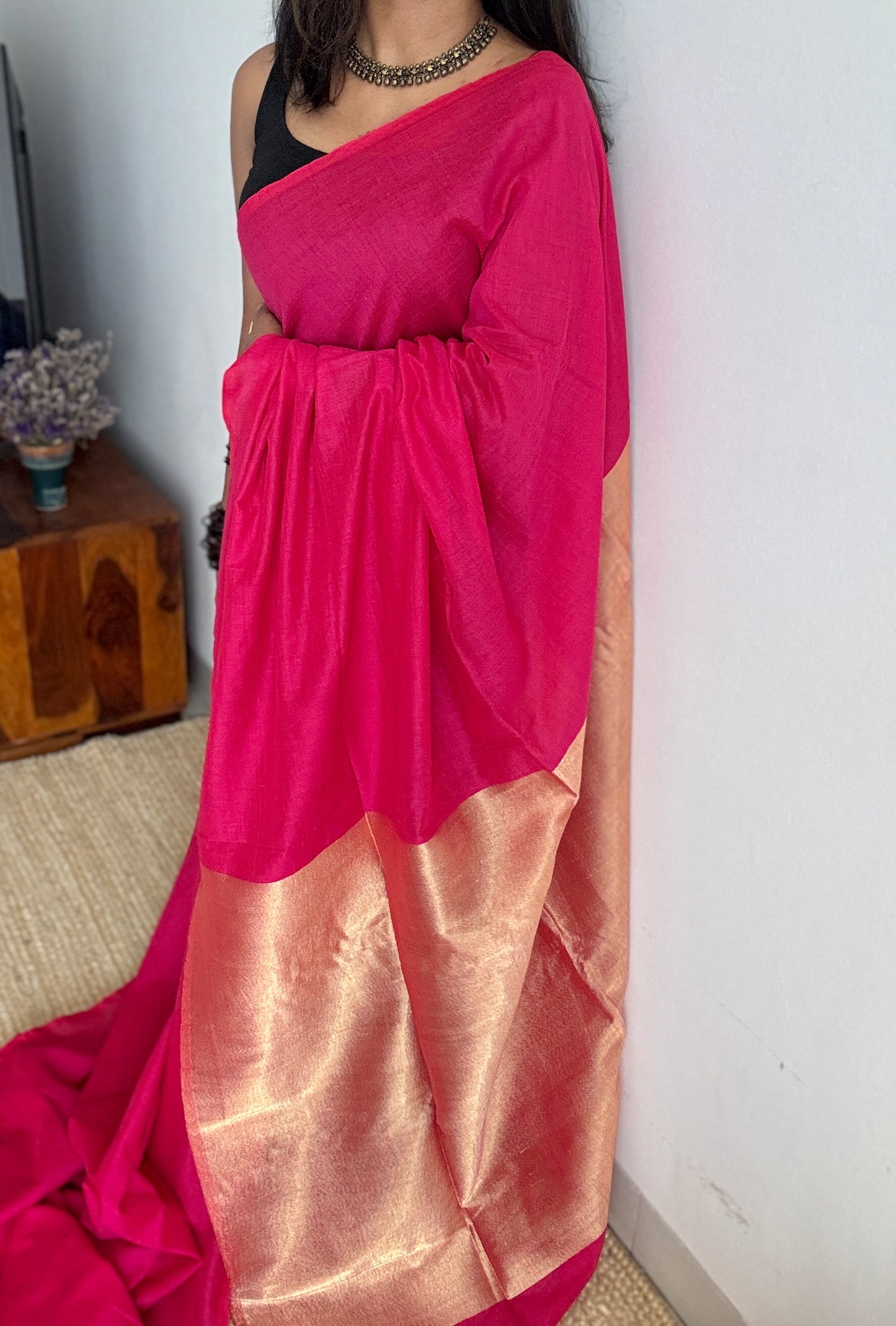 Hot Pink Splash - Deep warm pink with silver gold dual tone pallu, soft khadi cotton