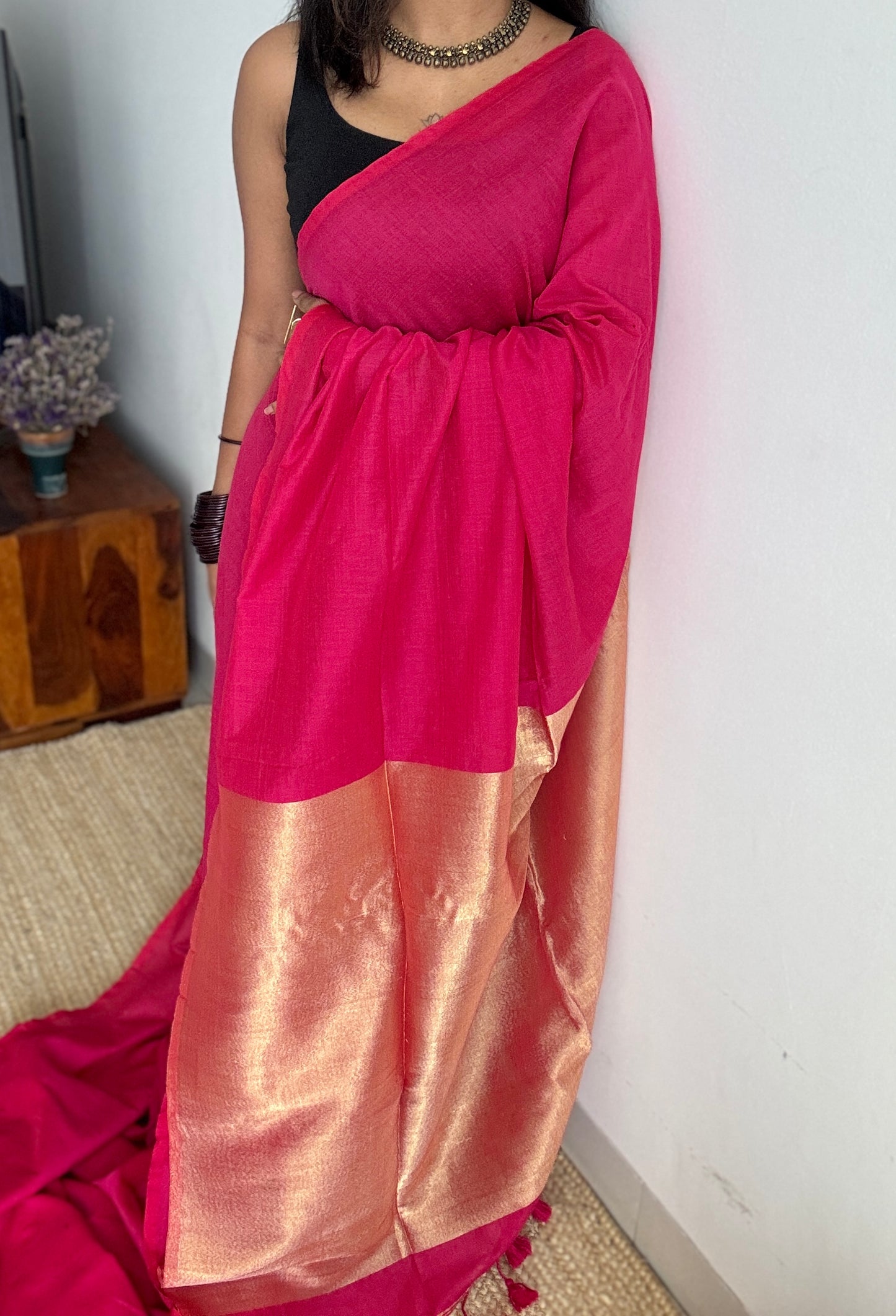 Hot Pink Splash - Deep warm pink with silver gold dual tone pallu, soft khadi cotton
