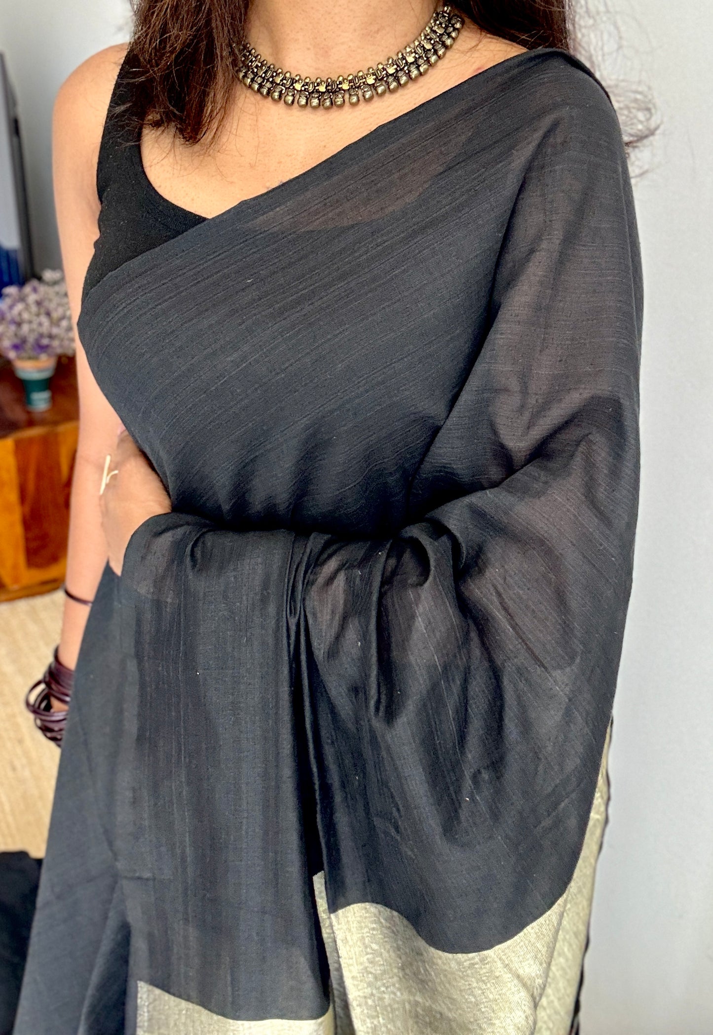 Black Whisper - Black with silver gold dual tone pallu, soft khadi cotton