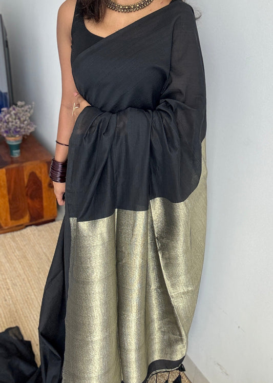Black Whisper - Black with silver gold dual tone pallu, soft khadi cotton YCBCKGP11
