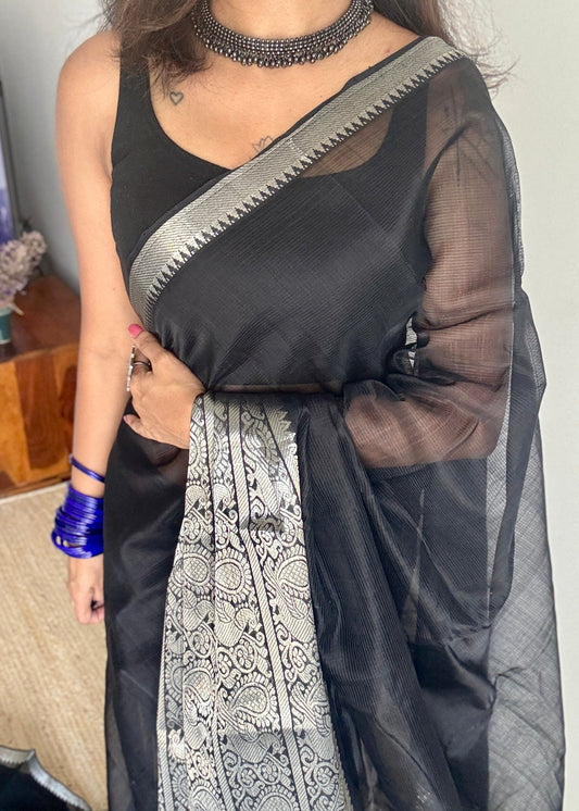 Black with silver peacock woven zari border, mangalgiri silk cotton, handwoven, soft, light weight - YCWOTDMSCM01