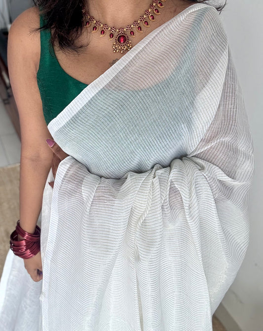 Ivory with gold zari stripes, mul cotton - YCON25BCM58