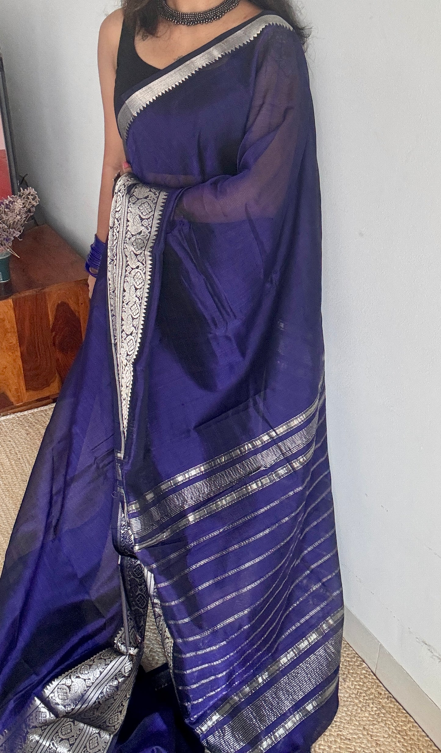 Violet with silver peacock woven zari border, mangalgiri silk cotton, handwoven, soft, light weight - YCWOTDMSCM02